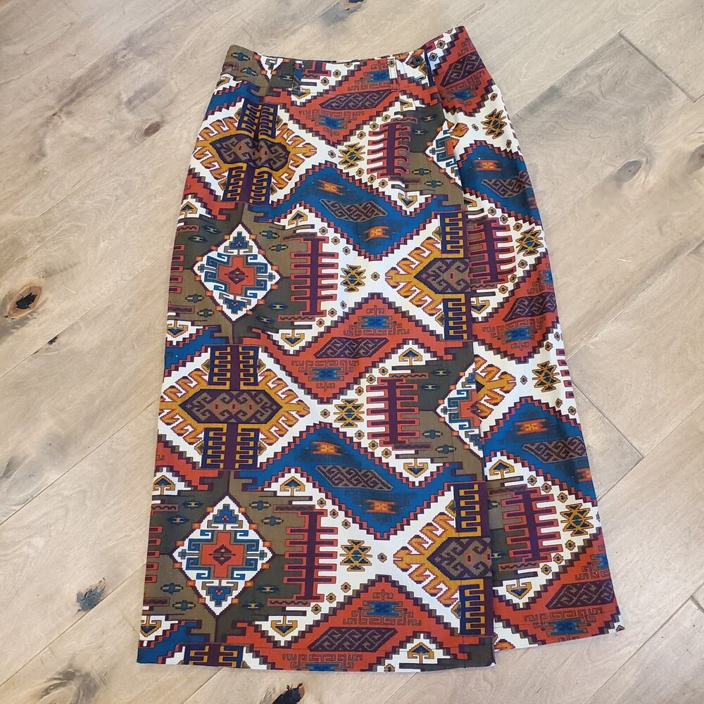 VTG RUFF HEWN Skirt SIZE 12 Cotton Twill Aztec Tribal Southwest Wrap Maxi LN